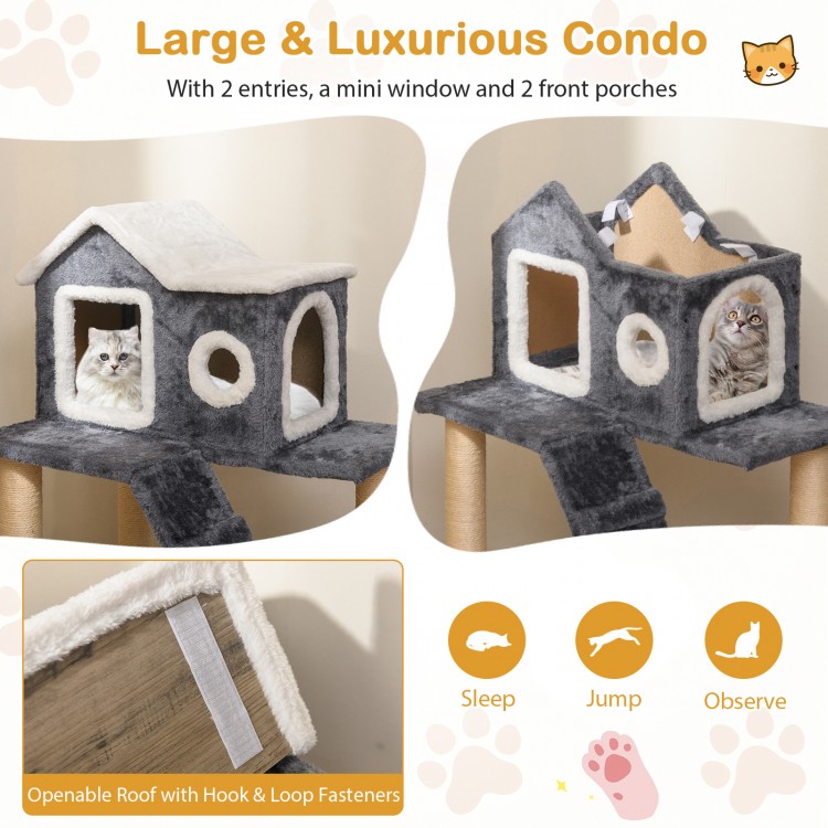 Large cat tree with two levels, plush material, and sisal rope for scratching, perfect for resting and observing.