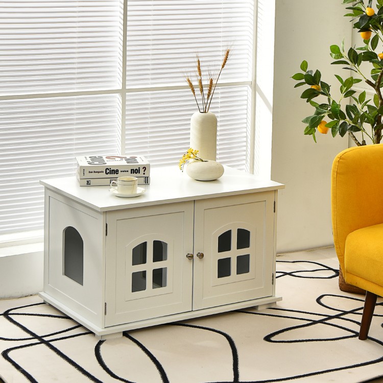 Large white wooden cat litter box enclosure with two windows and storage space, ideal for a cozy pet washroom.