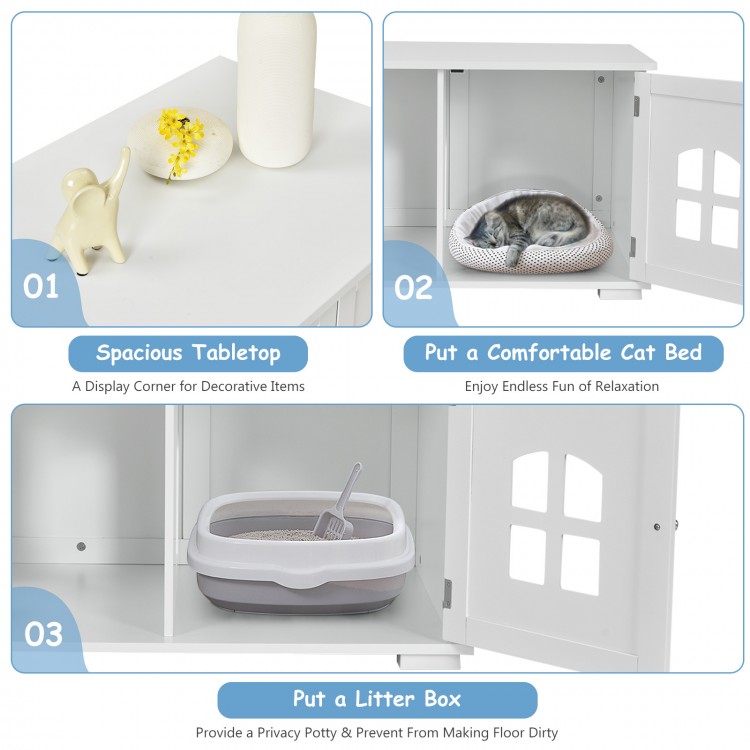 Large wooden cat litter box enclosure in white, featuring a spacious tabletop and side access door for easy cleaning.