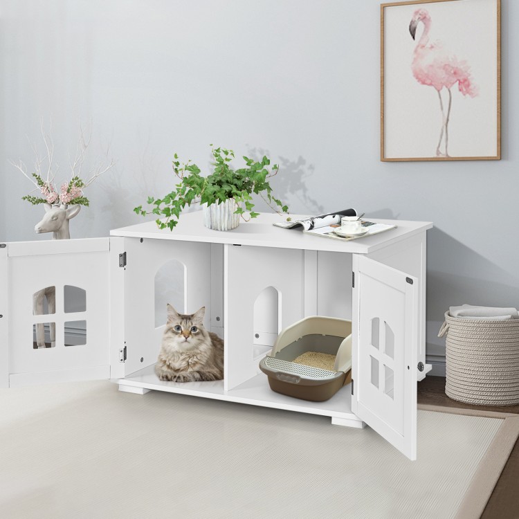 Large white wooden cat litter box enclosure with side access door and windows, perfect for a cozy pet washroom.