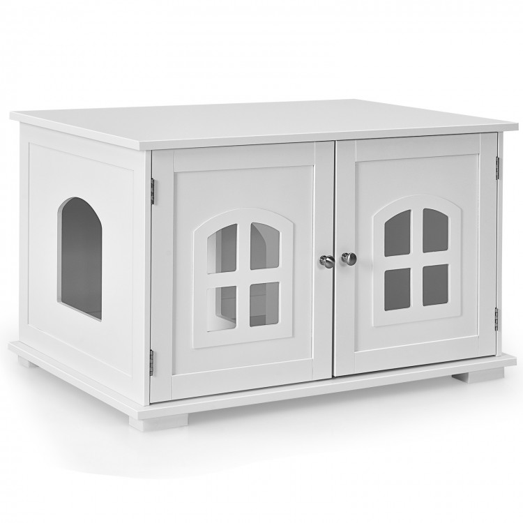 Large white wooden cat litter box enclosure with two windows and side access door, perfect for discreet pet care.