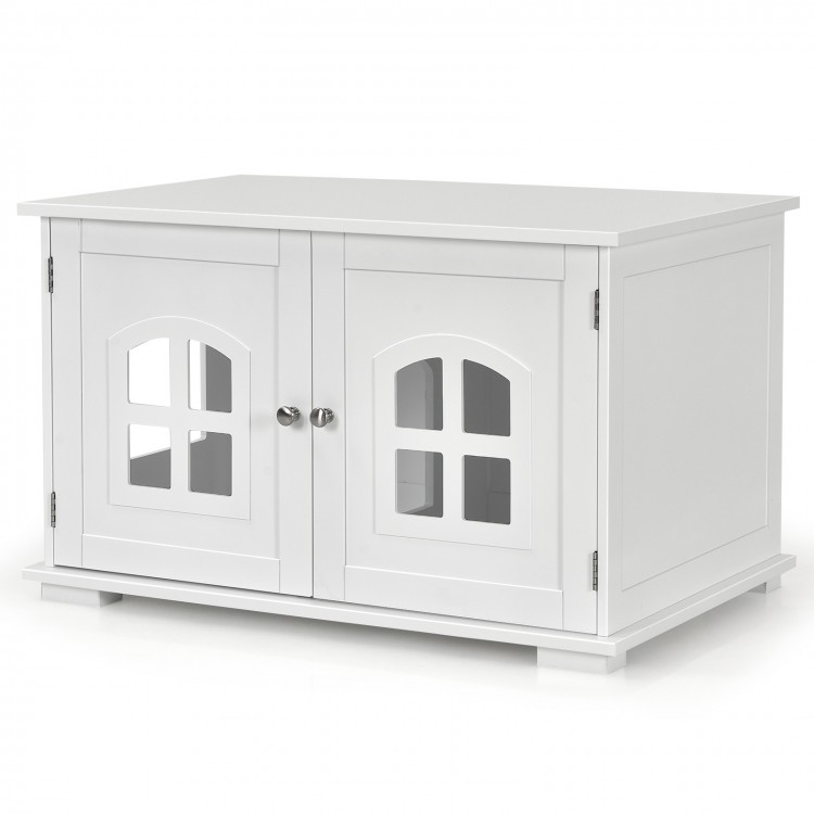 Large white wooden cat litter box enclosure with two windows and side access door, doubles as a stylish cabinet.