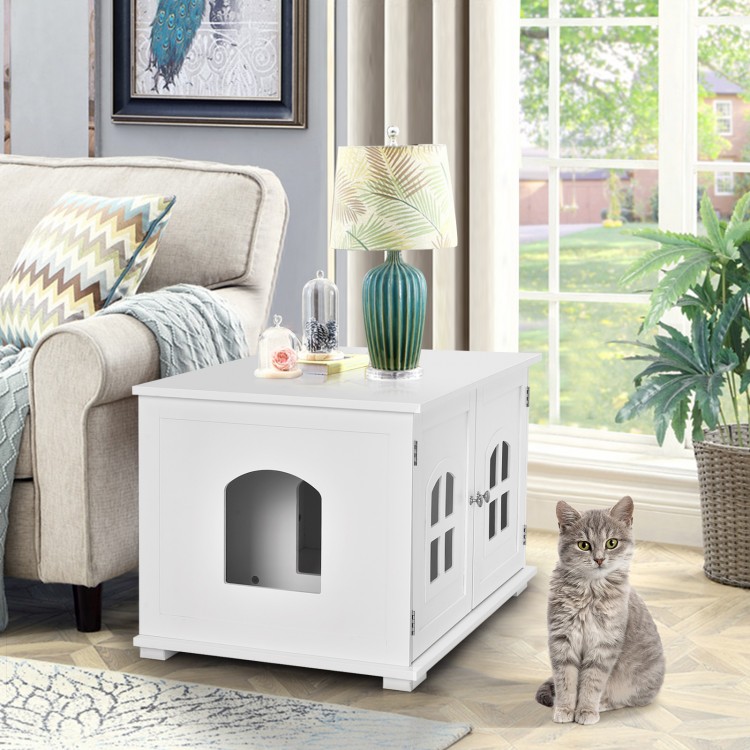 Large white wooden cat litter box enclosure with side access door and two windows, perfect for a cozy pet space.