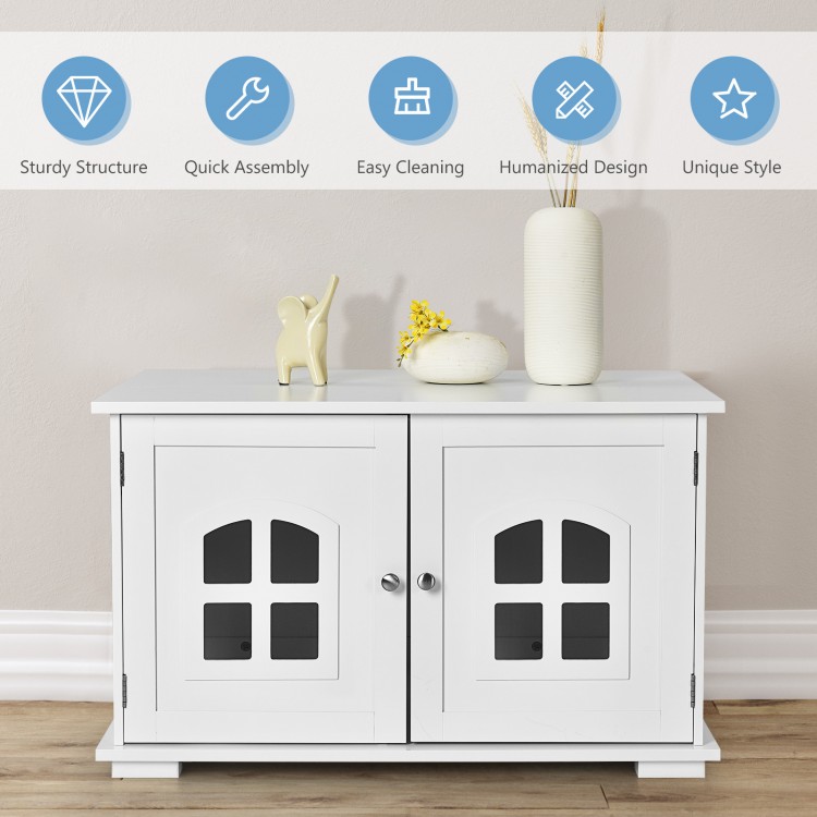 Large white wooden cat litter box enclosure with two windows, providing ventilation and a stylish storage solution.