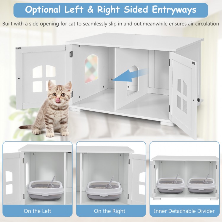 Large wooden cat litter box enclosure in white with side entry, ventilation windows, and spacious storage for pets.