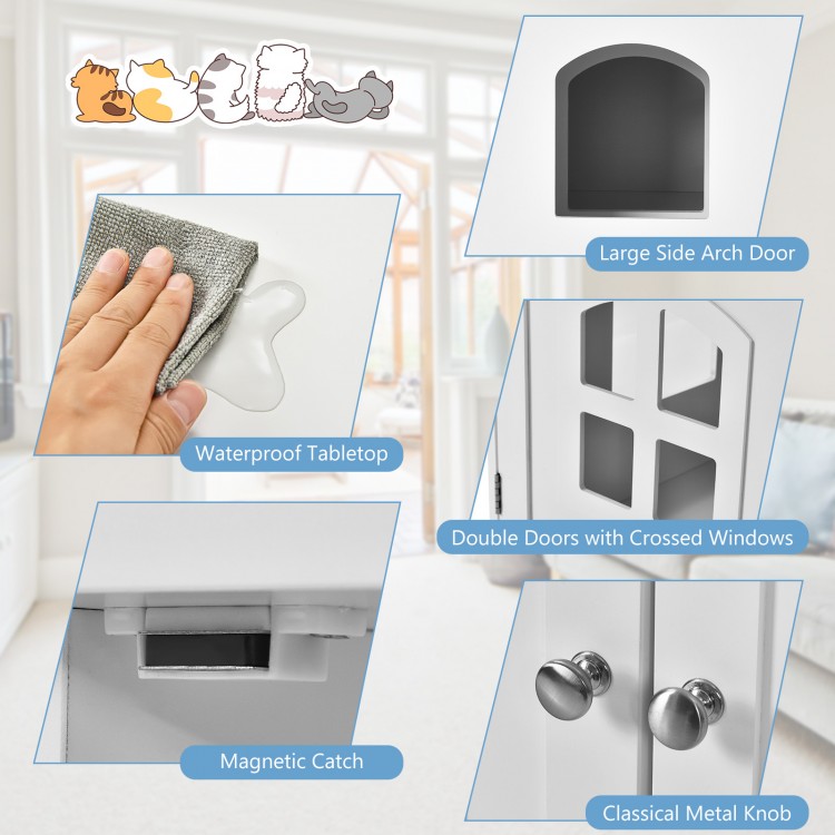 Large wooden cat litter box enclosure in white with double doors, waterproof tabletop, and side access for easy.