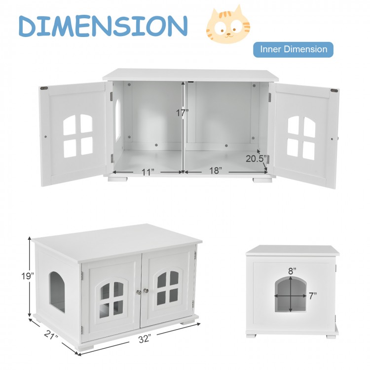 Large wooden cat litter box enclosure in white with two doors, ventilation windows, and divider for easy cleaning.