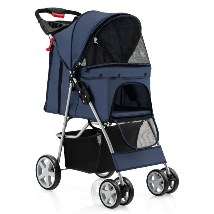 Foldable navy pet stroller with 4 mesh windows, storage basket, and universal wheels for comfortable outdoor use.