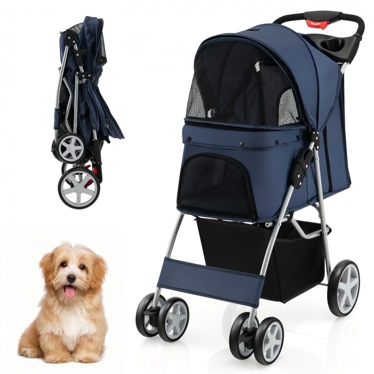 Foldable navy pet stroller with 4 mesh windows, storage basket, and universal wheels for comfortable outdoor walks.