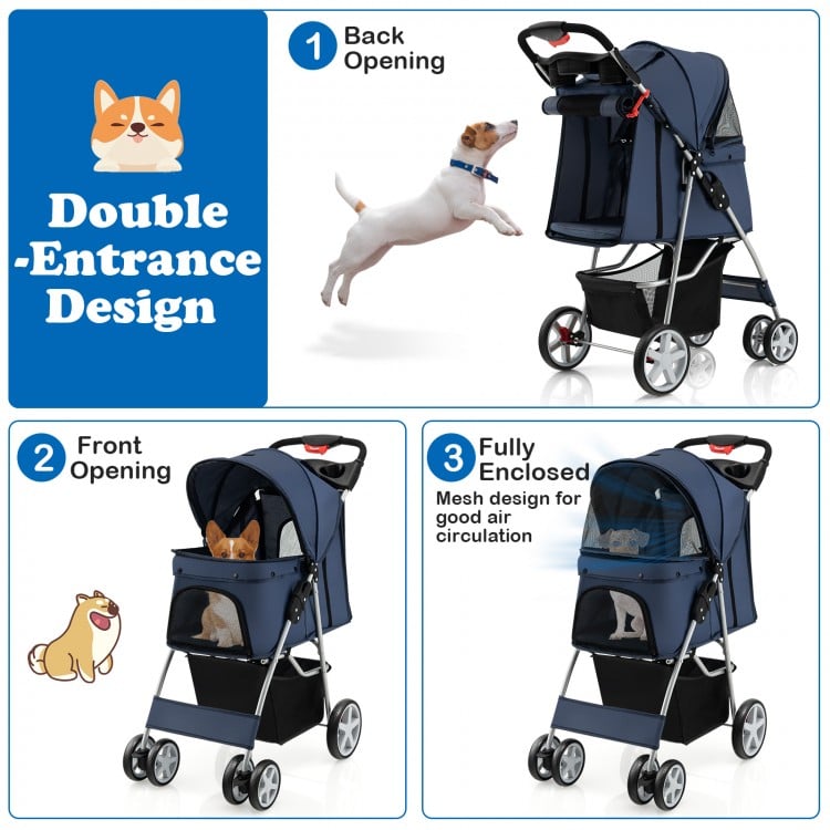 Foldable navy pet stroller with double entrance design, featuring mesh windows for ventilation and a large storage.
