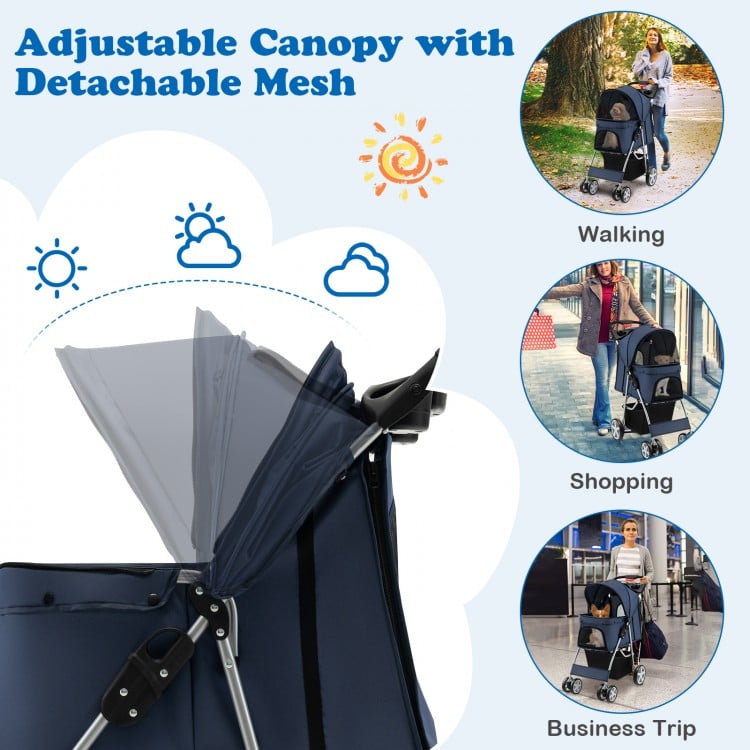 Foldable navy pet stroller with adjustable canopy, 4 mesh windows, and large storage basket for comfortable outdoor.