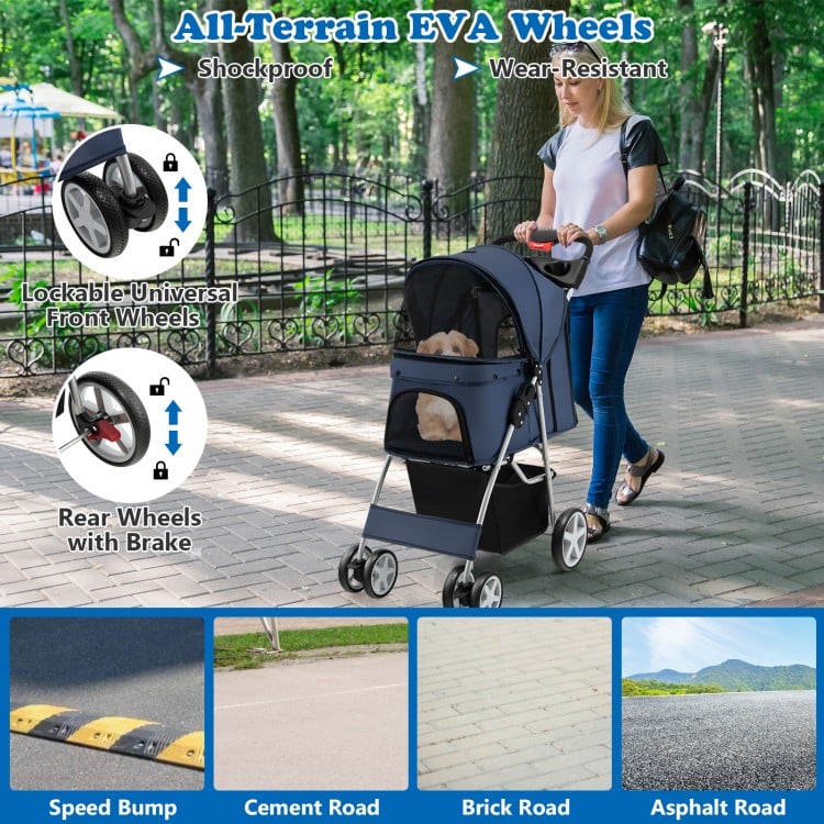 Foldable navy pet stroller with all-terrain EVA wheels, mesh windows, and large storage basket for outdoor adventures.