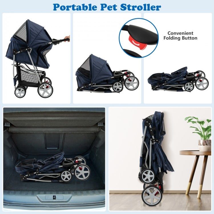 Foldable 4-wheel pet stroller in navy with mesh windows, large storage basket, and adjustable canopy for outdoor use.