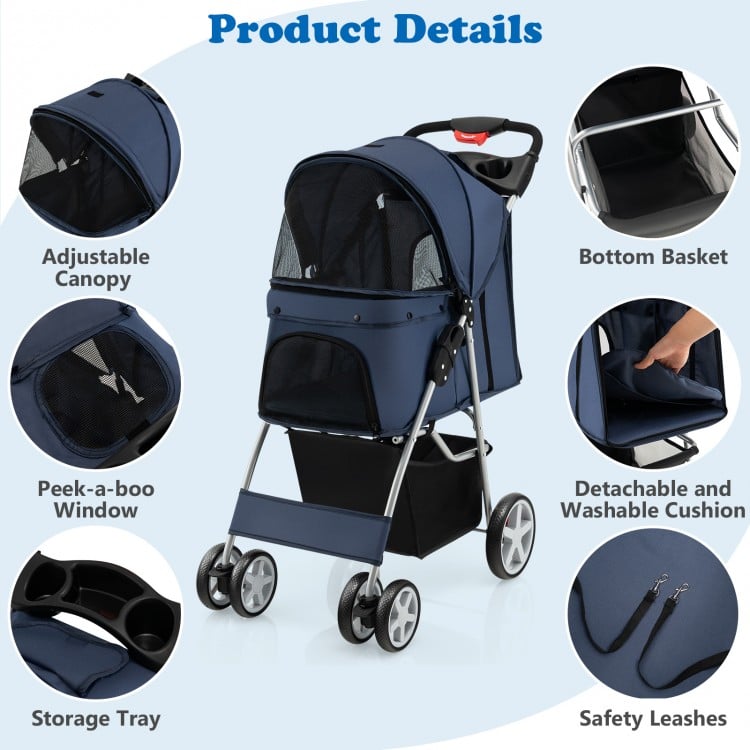 Foldable navy pet stroller with adjustable canopy, storage basket, and mesh windows for ventilation and comfort.