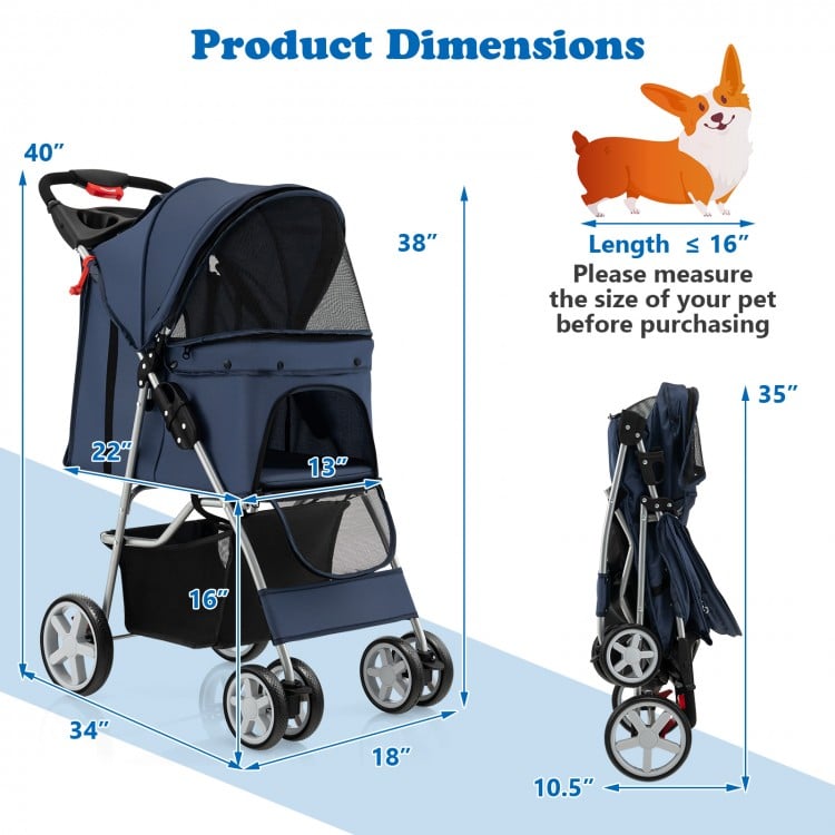 Foldable navy pet stroller with storage basket, featuring 4 mesh windows for ventilation and comfort, ideal for small.