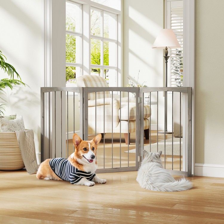 30-inch tall gray wooden pet fence for small and medium dogs, featuring flexible panels for versatile room division.