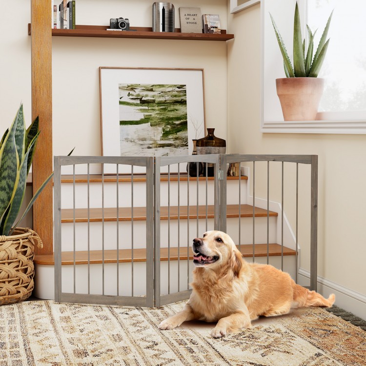Wooden pet fence in gray, 30 inches tall, designed for small and medium dogs, creating a safe enclosed area.