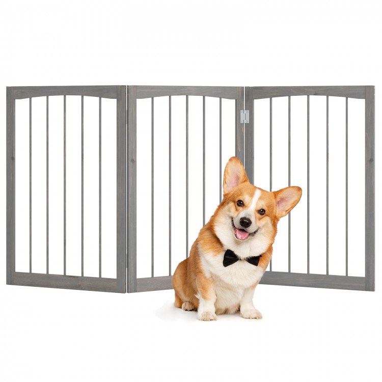 Wooden pet fence in gray, 30 inches tall, designed for small and medium dogs, ideal for creating safe spaces.