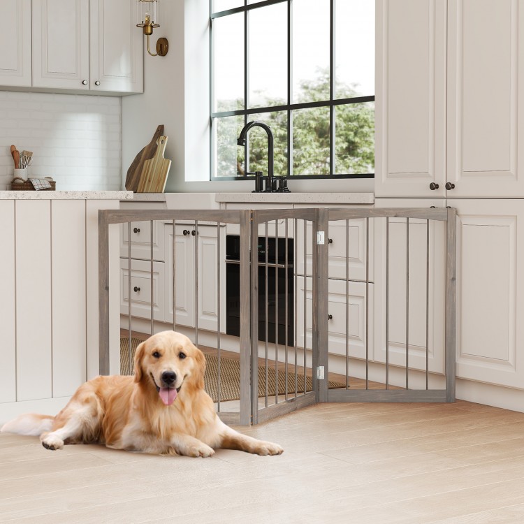30-inch tall gray wooden pet fence with flexible panels, ideal for isolating small and medium dogs in the kitchen.