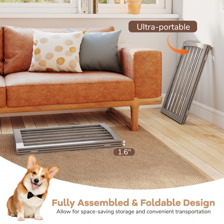 30-inch tall gray wooden pet fence, foldable and ultra-portable, ideal for small dogs and cats, perfect for temporary.