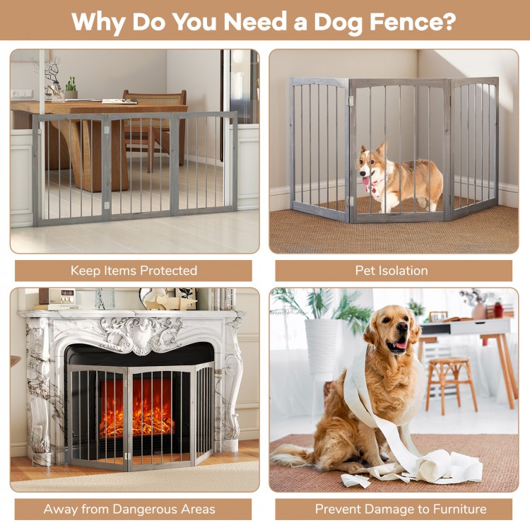 30-inch tall gray wooden pet fence for small and medium dogs, ideal for pet isolation and protecting furniture.