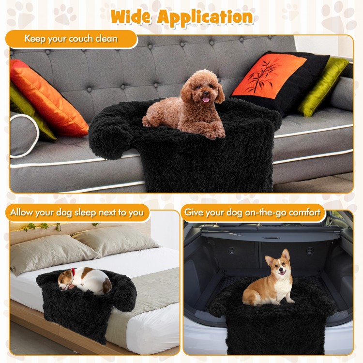Plush calming dog couch bed with anti-slip bottom, designed for furniture protection and pet comfort on sofas and beds.