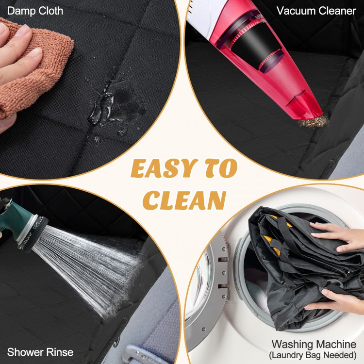 Dog car seat cover in black, featuring easy cleaning methods like damp cloth, vacuum, and washing machine for pet.