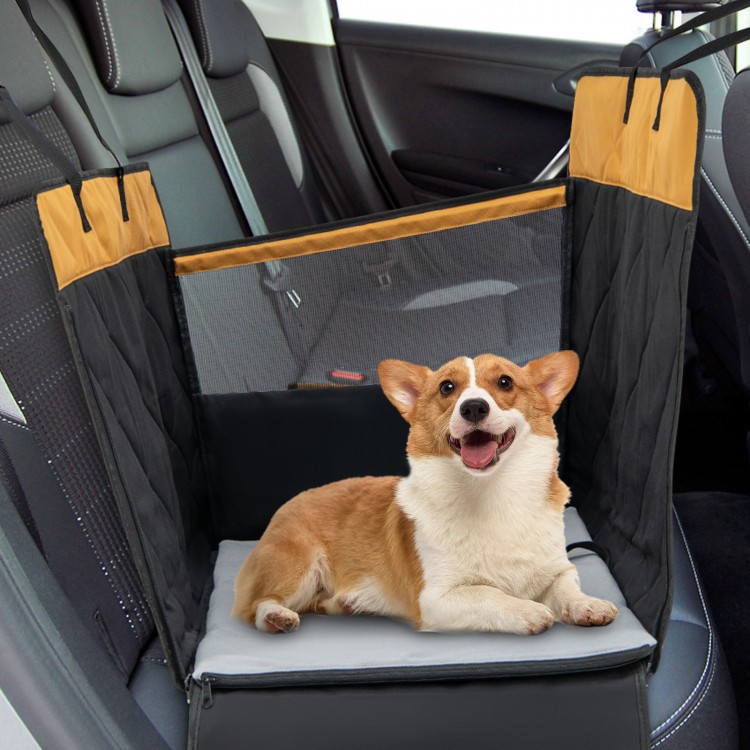 Dog car seat cover in black with mesh window, designed for small and medium dogs, providing comfort and protection.