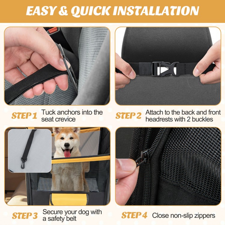 Dog car seat cover in black with mesh window, designed for small and medium dogs, easy installation and durable.