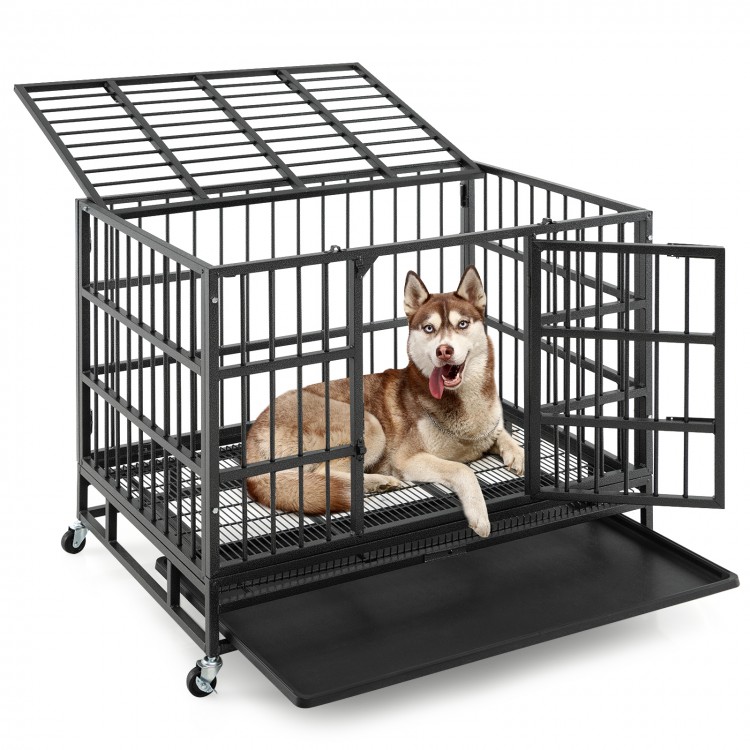 38/48 Inch Foldable Heavy-Duty Metal Dog Cage with Lockable Rolling Casters and Tray - Gallery View 1 of 10