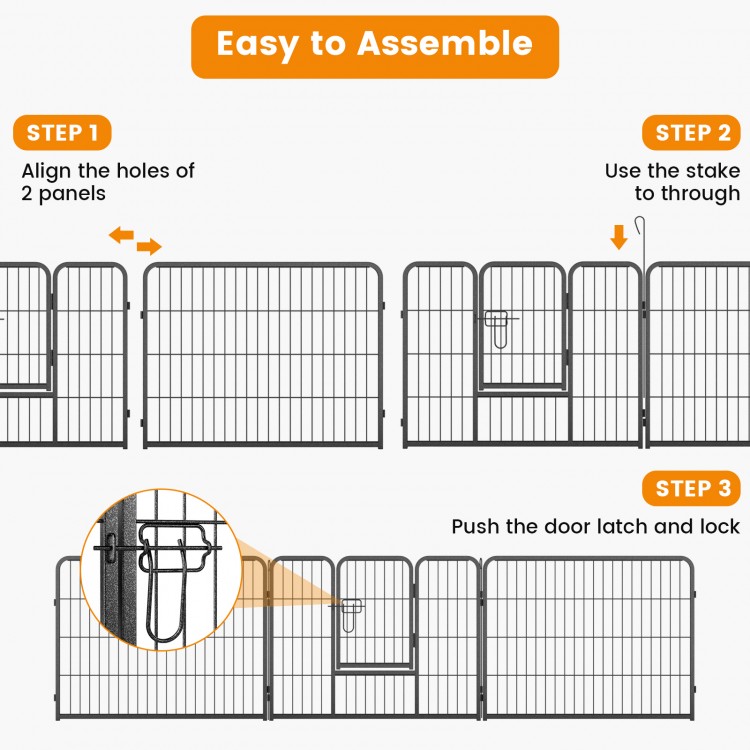 8-panel 24-inch height pet fence with door latch, easy to assemble for indoor and outdoor use, featuring robust metal.