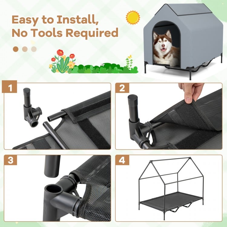 Elevated pet house with waterproof canopy, ventilated windows, and sturdy metal frame for outdoor comfort.