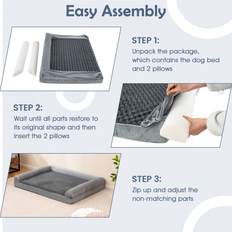 Orthopedic foam dog bed with removable cover, showing assembly steps for easy setup and maintenance.