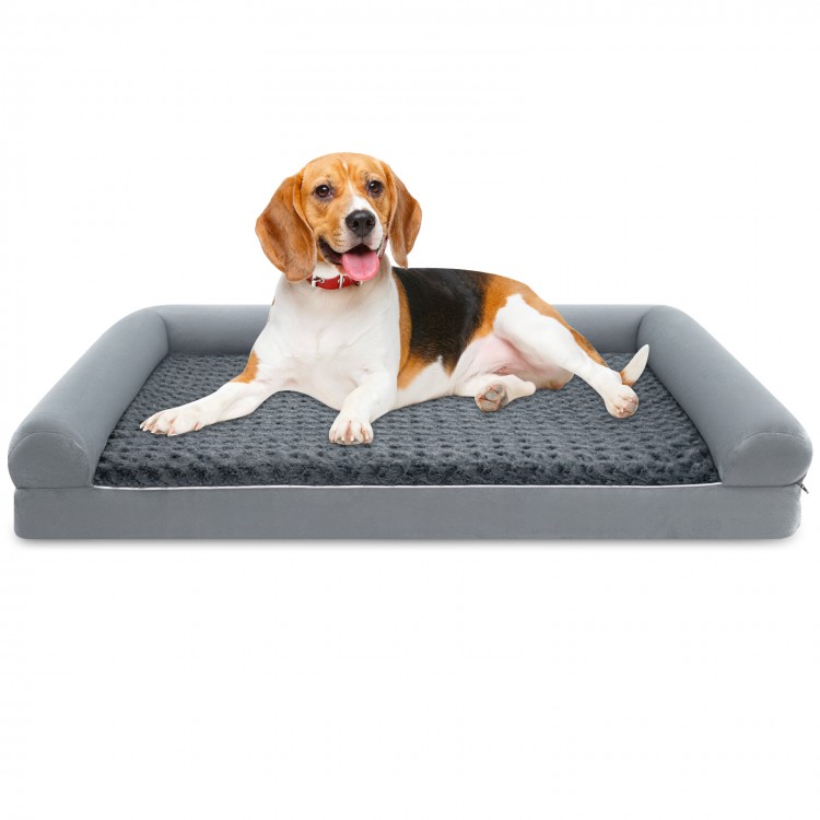 Large orthopedic foam dog bed with a soft rose fabric cover and 3-sided bolster for head support, ideal for comfort.