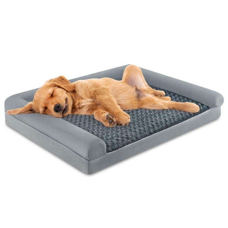 Large orthopedic foam dog bed with removable cover, featuring a 3-sided bolster for neck support and non-slip bottom.