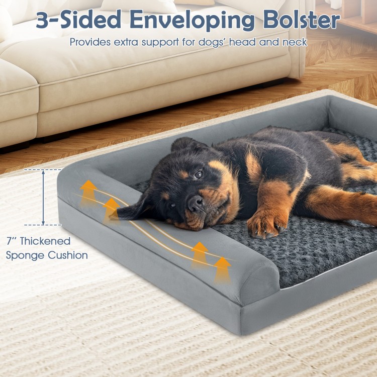 Orthopedic foam dog bed with 3-sided bolster, soft rose fabric, and waterproof lining for large dogs up to 80 lbs.
