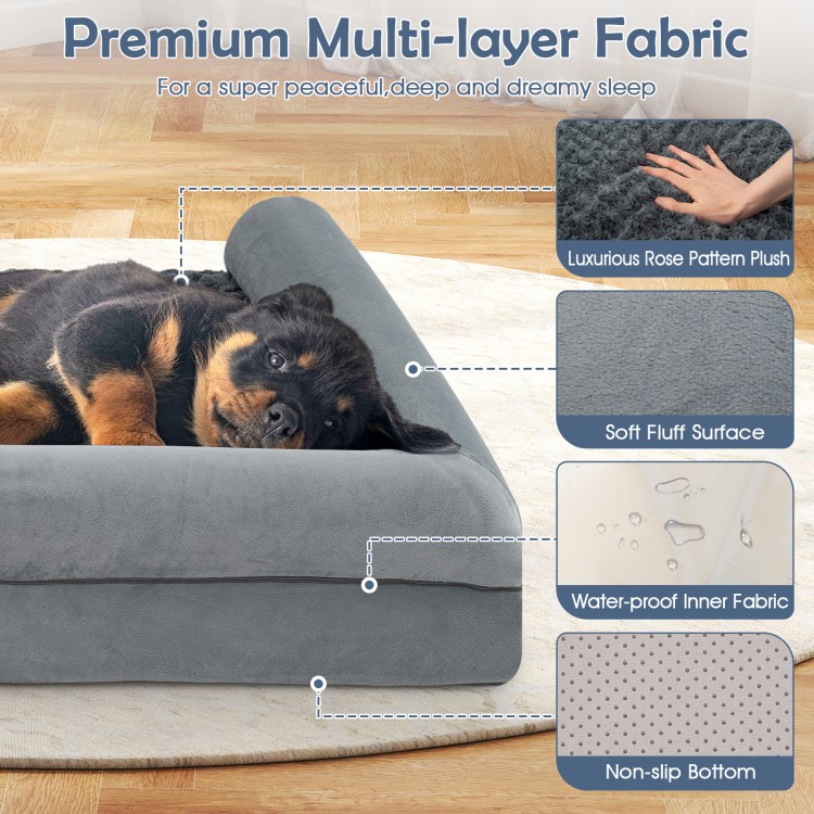 Large orthopedic foam dog bed with soft rose fabric, 3-sided bolster, and non-slip bottom for stable, restful sleep.