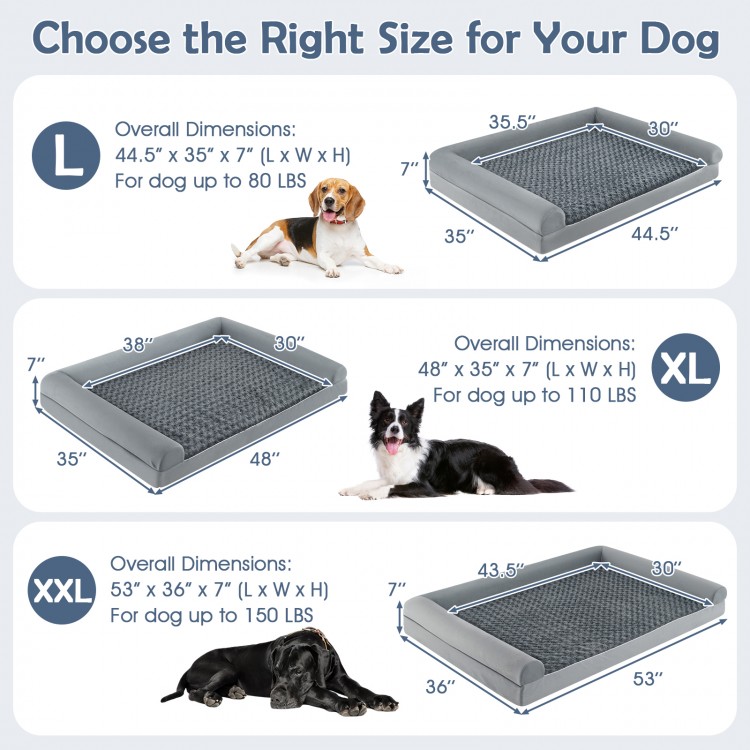Large orthopedic foam dog bed with removable cover, 44.5" x 35" x 7", designed for dogs up to 80 lbs.