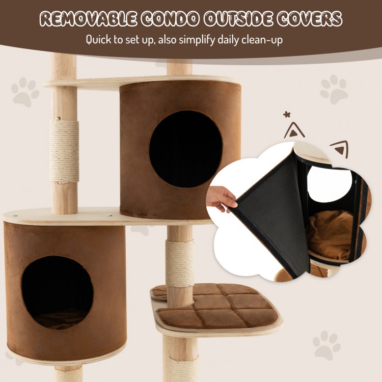 6-tier wooden cat tree with removable condos and platforms, designed for cat comfort and easy cleaning.