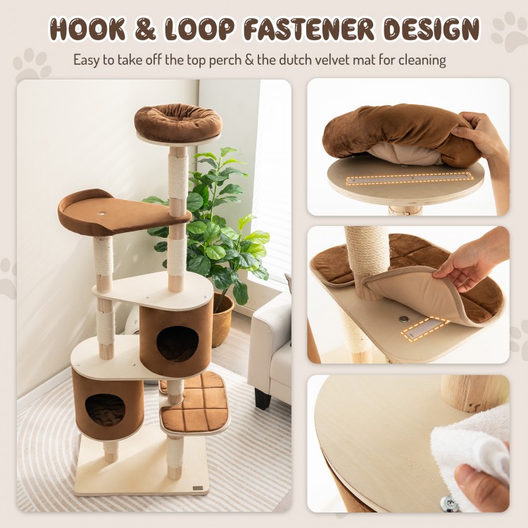 6-tier wooden cat tree in brown with removable condos and perch, featuring hook & loop fasteners for easy cleaning.