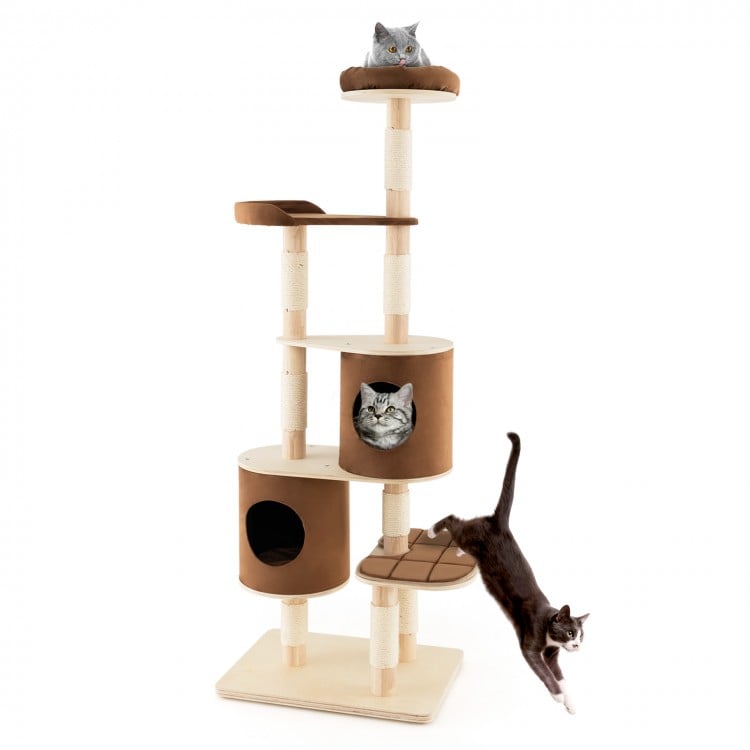 6-tier wooden cat tree in brown with removable condos, platforms, and a comfy perch for multiple cats to enjoy.