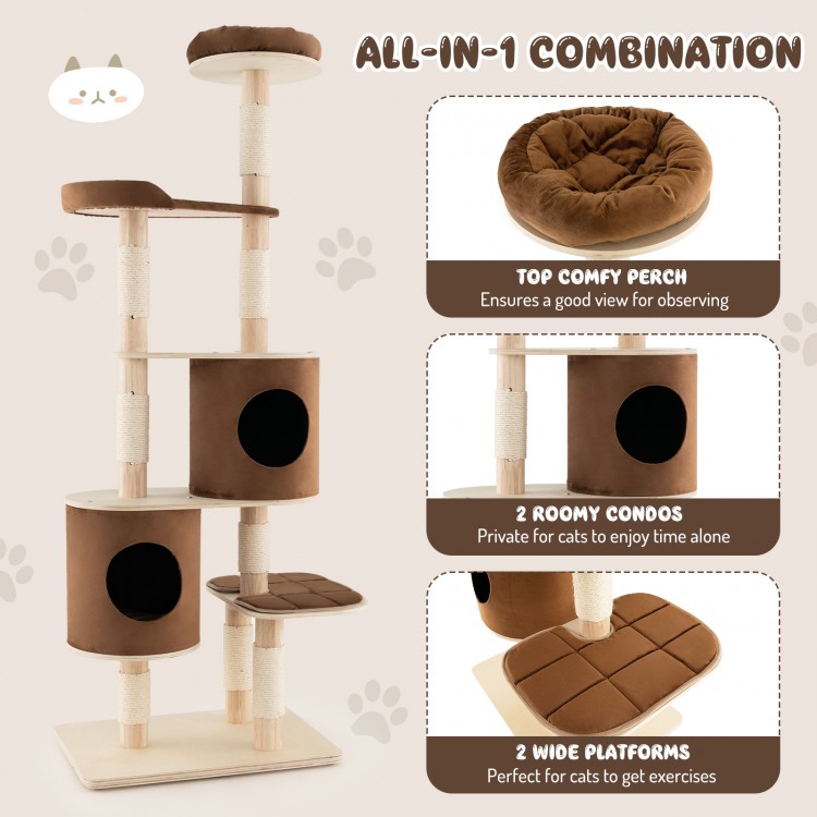 6-tier wooden cat tree in brown with removable condos, wide platforms, and a comfy top perch for observing.