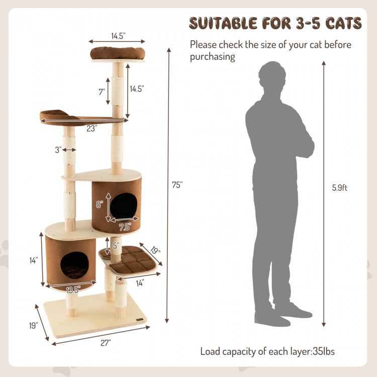 6-tier wooden cat tree in brown with removable condos, platforms, and perch for 3-5 cats, ensuring stability and.