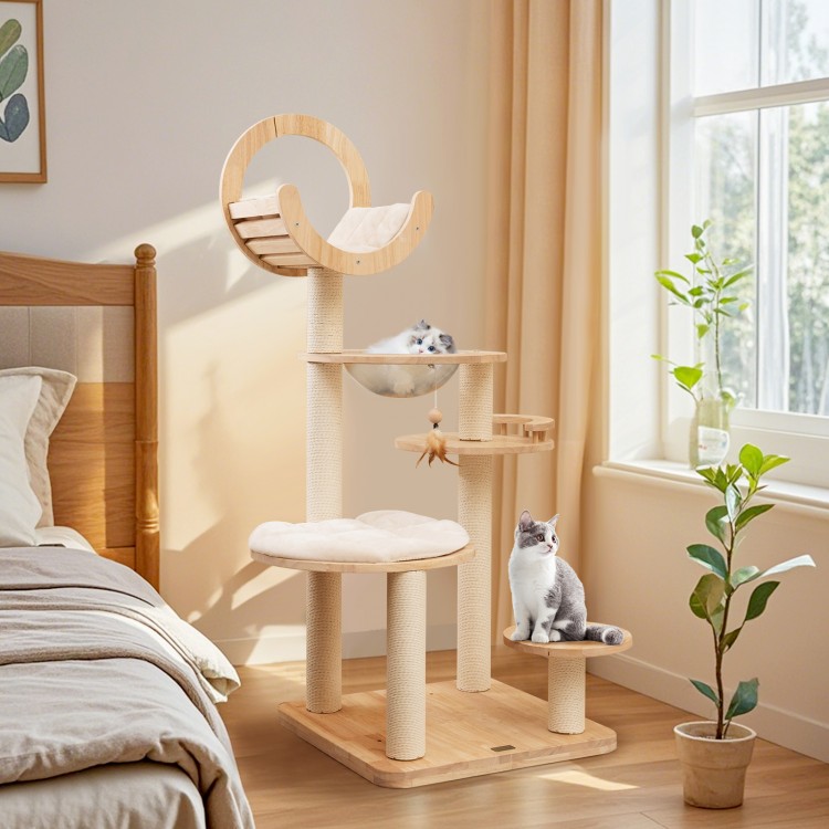 Large wooden cat tower with space capsule nest, featuring multiple platforms and scratching posts for indoor cats.