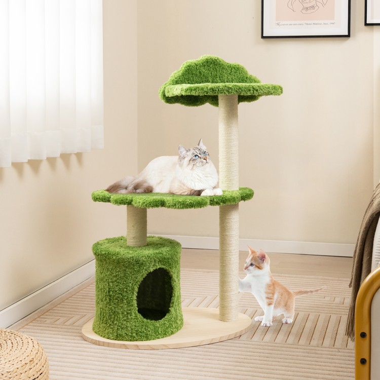 Cat tree with green cloud design, featuring sisal scratching posts and cozy condo for indoor cats to relax and play.