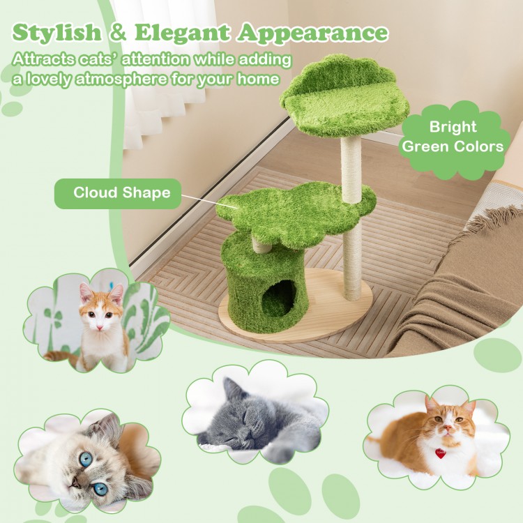 Green cloud-shaped cat tree with sisal scratching posts and cozy condo for indoor cats to relax and play.