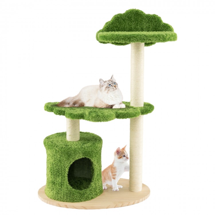 Cat tree with green cloud-shaped platforms, cozy condo, and sisal scratching posts for indoor cats' comfort and play.