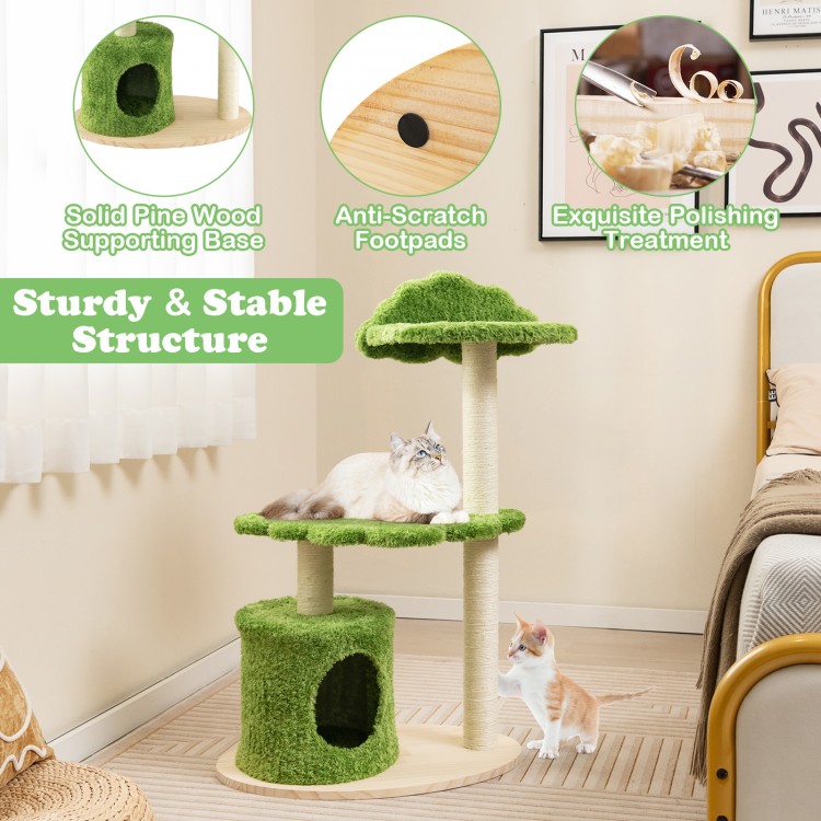 Cute 38-inch green cat tree with sisal scratching posts, cozy condo, and bird-watching perch for indoor cats.