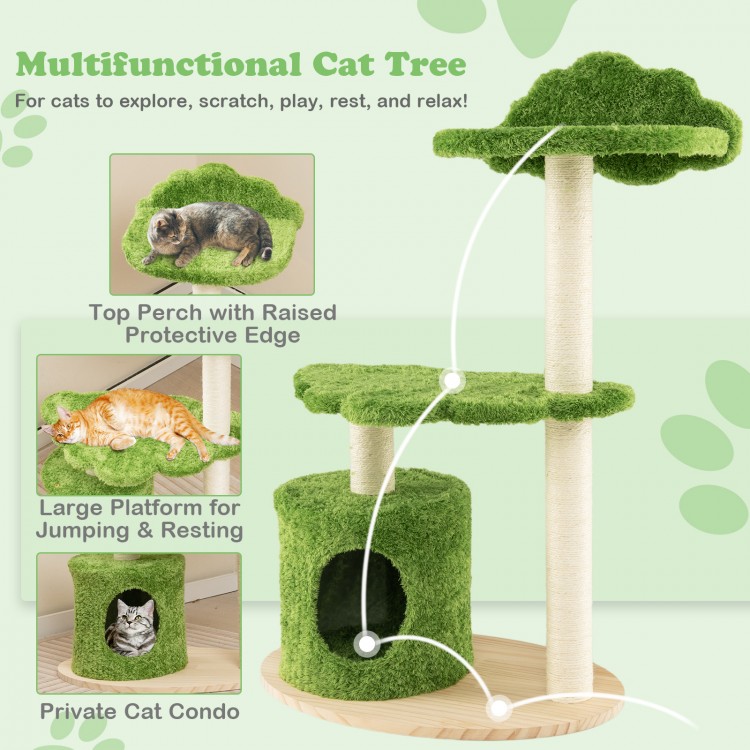 Green cat tree with a cozy condo, sisal scratching posts, and a bird-watching perch for indoor cats.