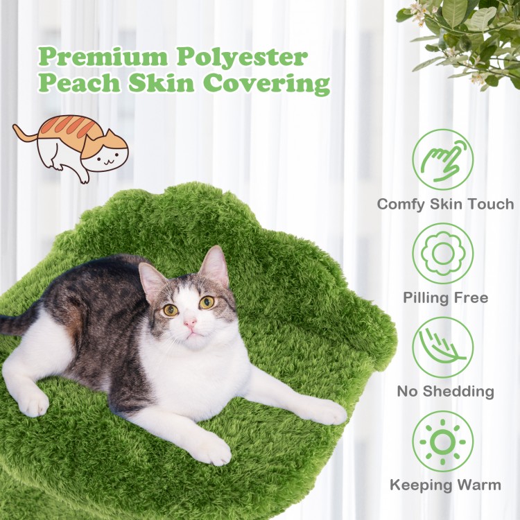 Green cloud-shaped cat tree with removable polyester peach skin cushion and sisal scratching posts for indoor cats.